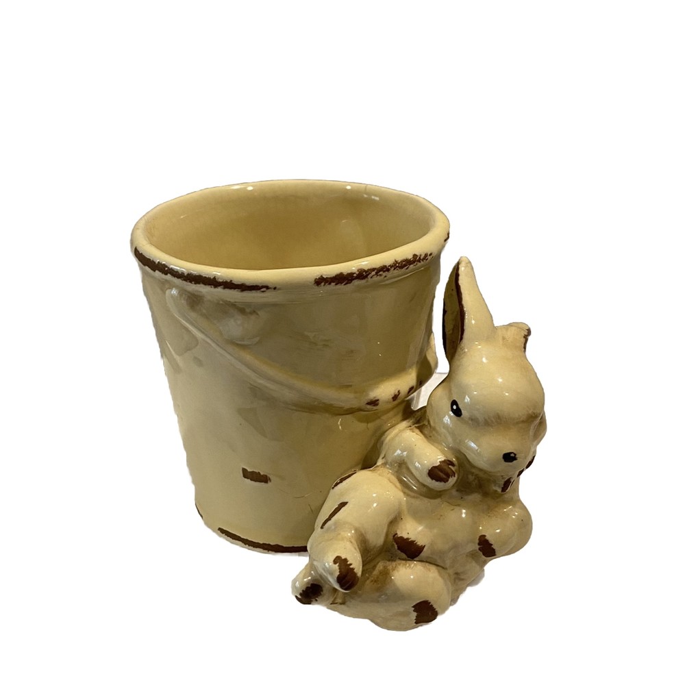Rustic Yellow Bunny Rabbit on Pail Ceramic Small Planter