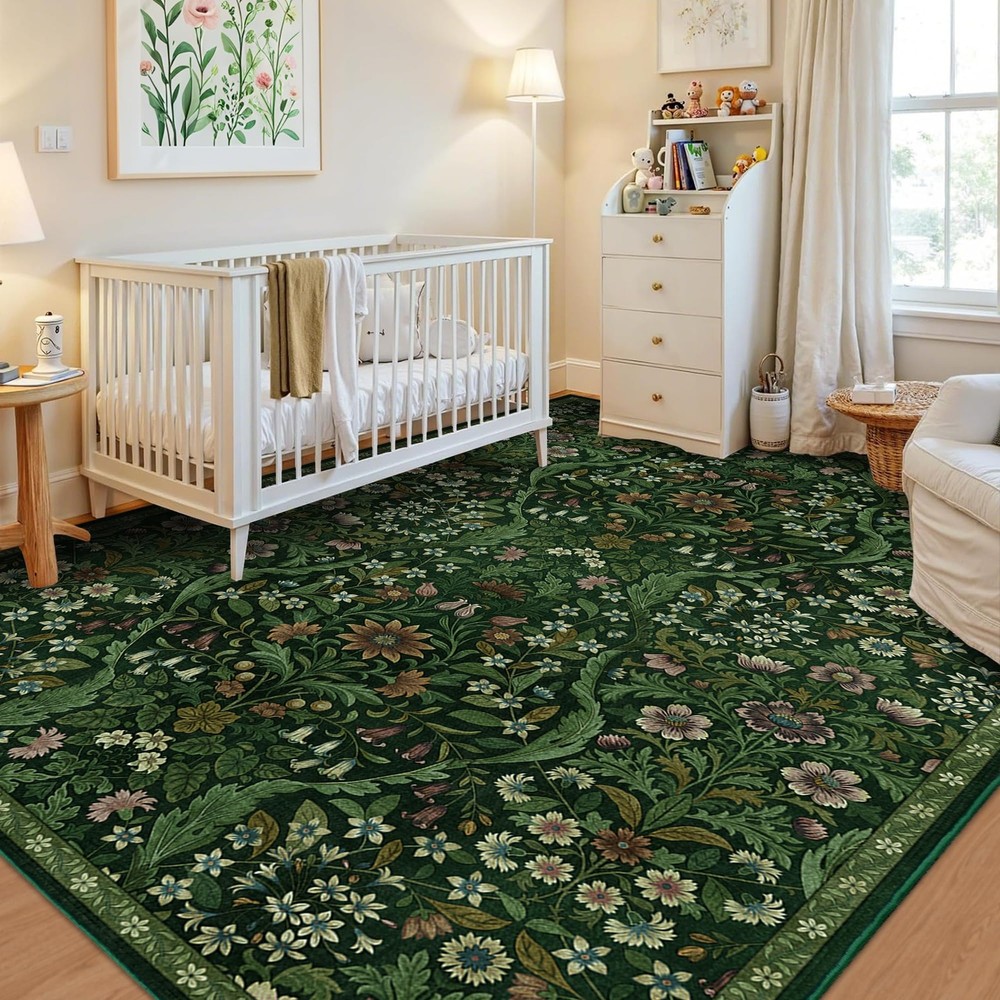 5×7 Dark Green Washable Floral Area 5' x 7' (Rectangular),