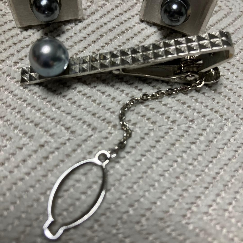 Silver Tie Pin Cufflinks Button Set -USED-JP NO BOX