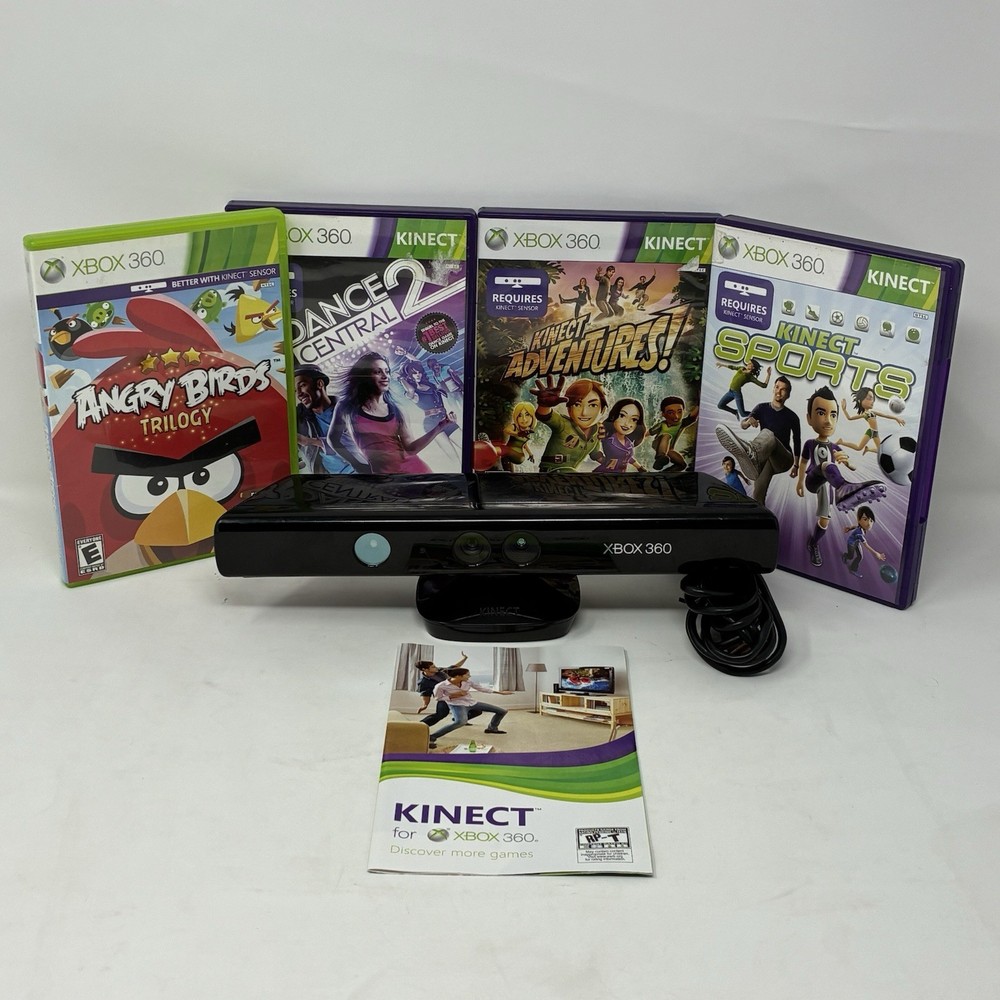 Microsoft Xbox 360 Kinect Sensor Black Wired w/ 4 Kinect Games Lot Bundle