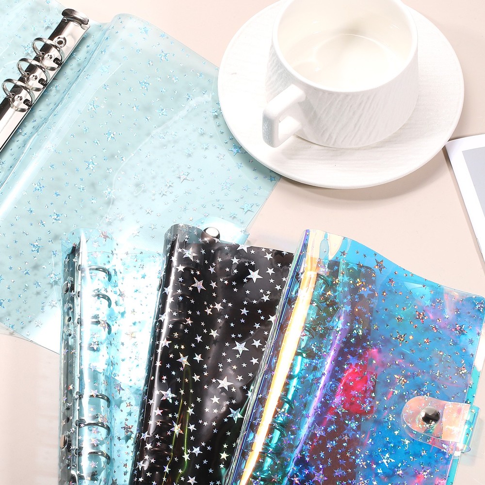A6 Binder Cover, 2 Pcs Stars Refillable Notebook Shell with Snap Button, Black