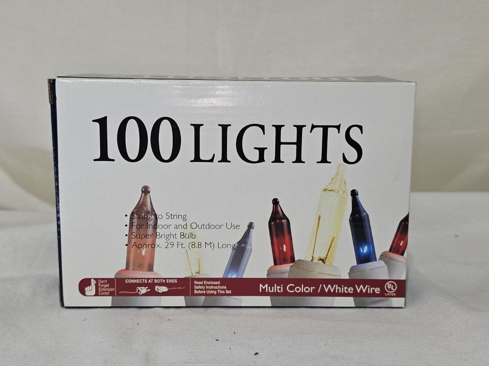 100 Holiday String to String Style Lights (White Wire; Red, Clear, Blue Bulbs)
