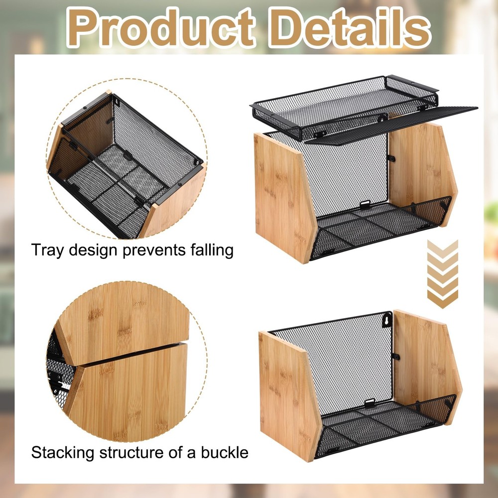 2PCS Stackable Mesh Fruit Basket Wall Mounted Storage Bin for Kitchen Bathroom