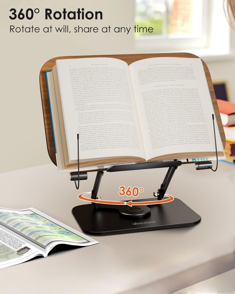 Book Stand for Reading Adjustable Holder with 360° Swivel Base & Page Clips