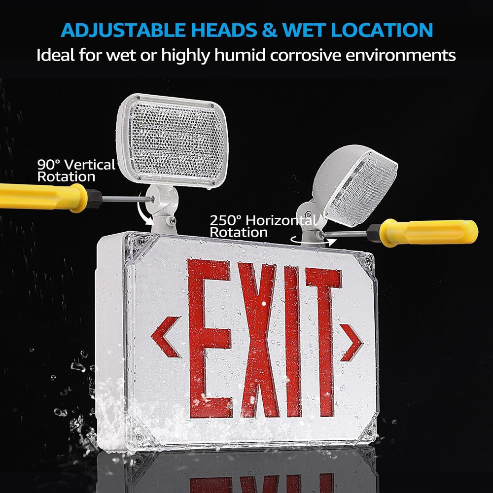 LED Exit Light, Wet Location Exit Sign with Emergency Lights, UL Listed, Outdoor