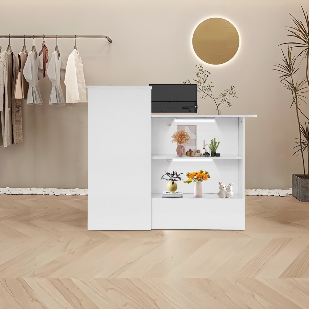 2 Lights Rectangular Reception Counter Modern Reception Desk w/ Lockable Drawer