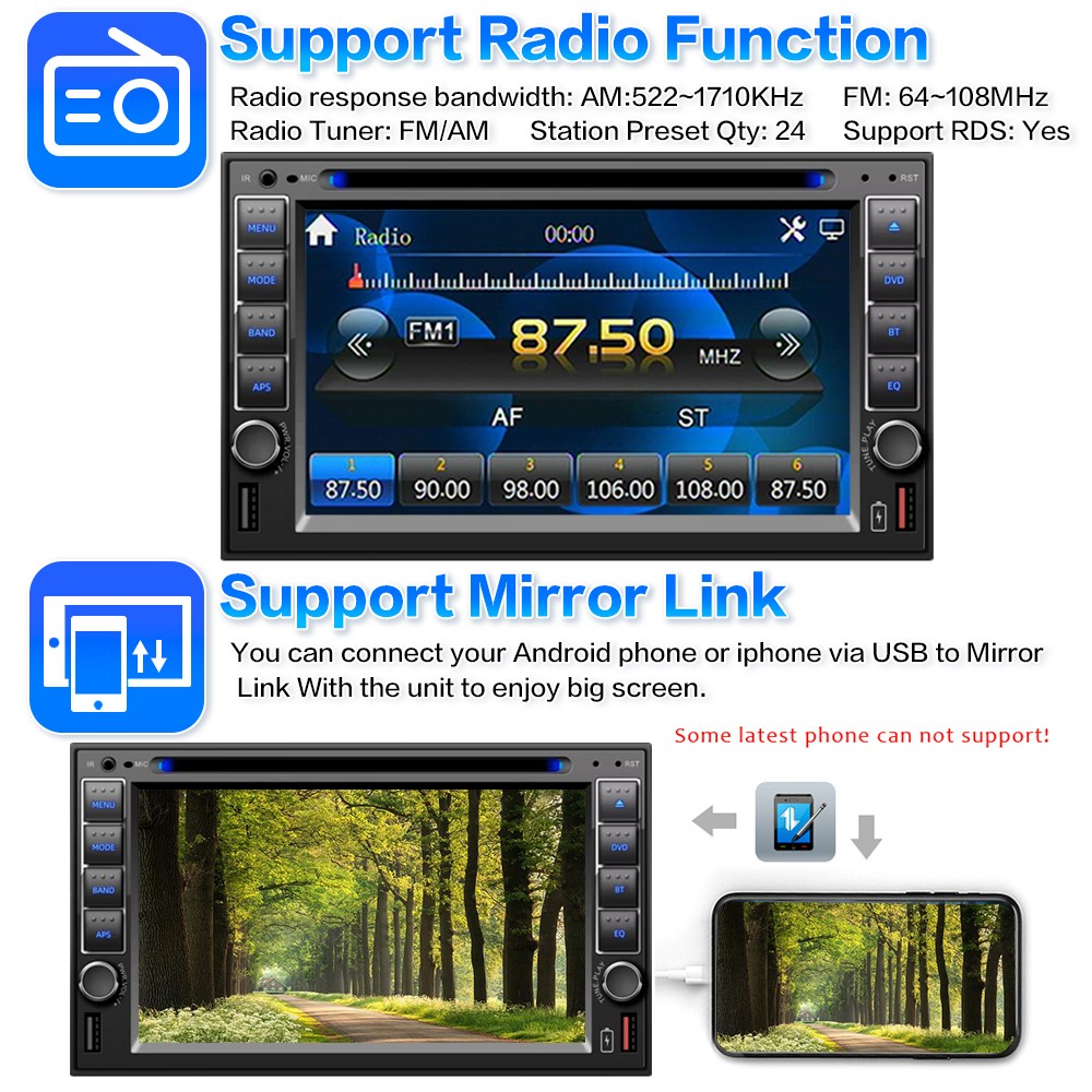 Touch Screen 6.2" 2 Din USB/SD/AUX Stereo Bluetooth Remote control DVD/CD Player