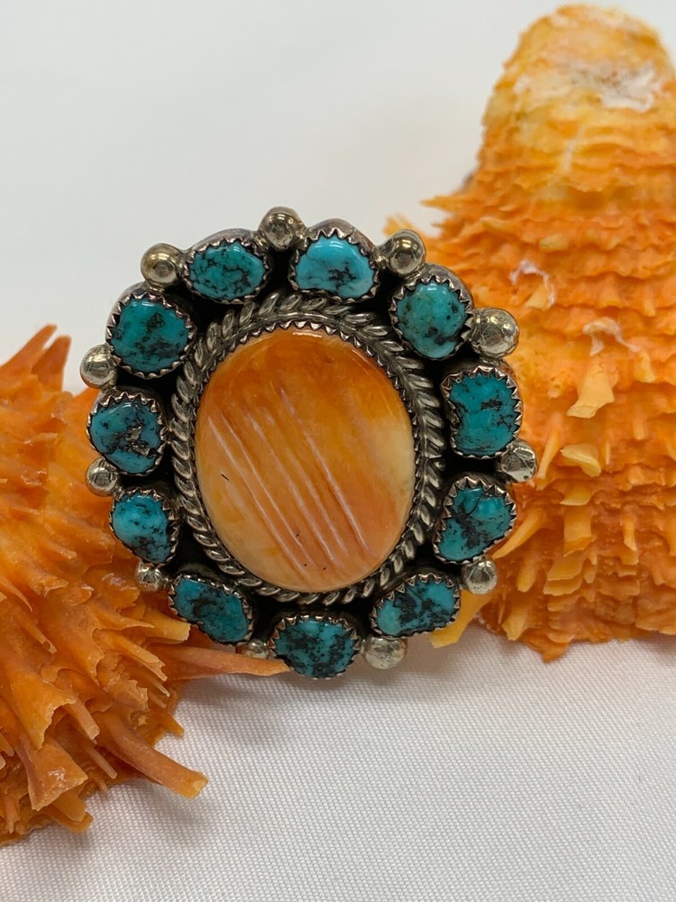 ORANGE SPINY ~ TURQUOISE ~ STERLING SILVER ~ RING (7.75)