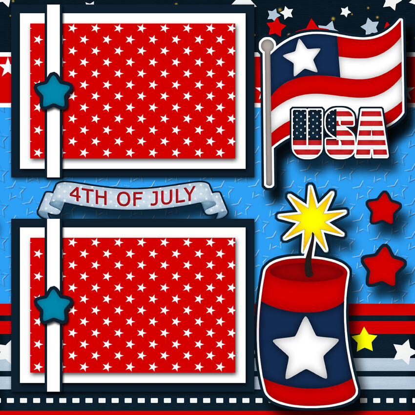 JULY 4TH ~ BOY~ 2 premade scrapbook pages paper piecing CHERRY prints #0068