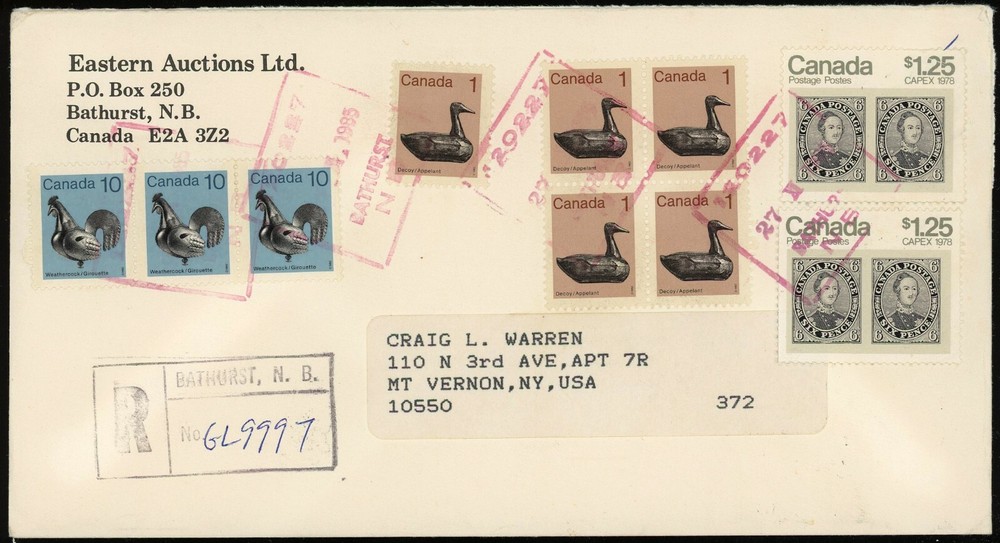 Canada Bathurst Eastern Auctions 1985 Registered Cover to Mt. Vernon USA