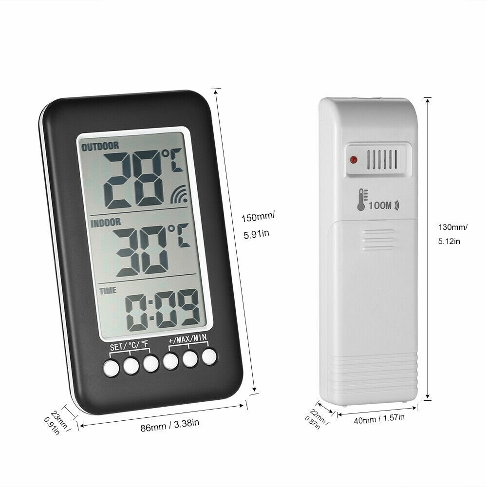 Indoor Outdoor Digital Thermometer Clock Temperature Meter Wireless Transmitter