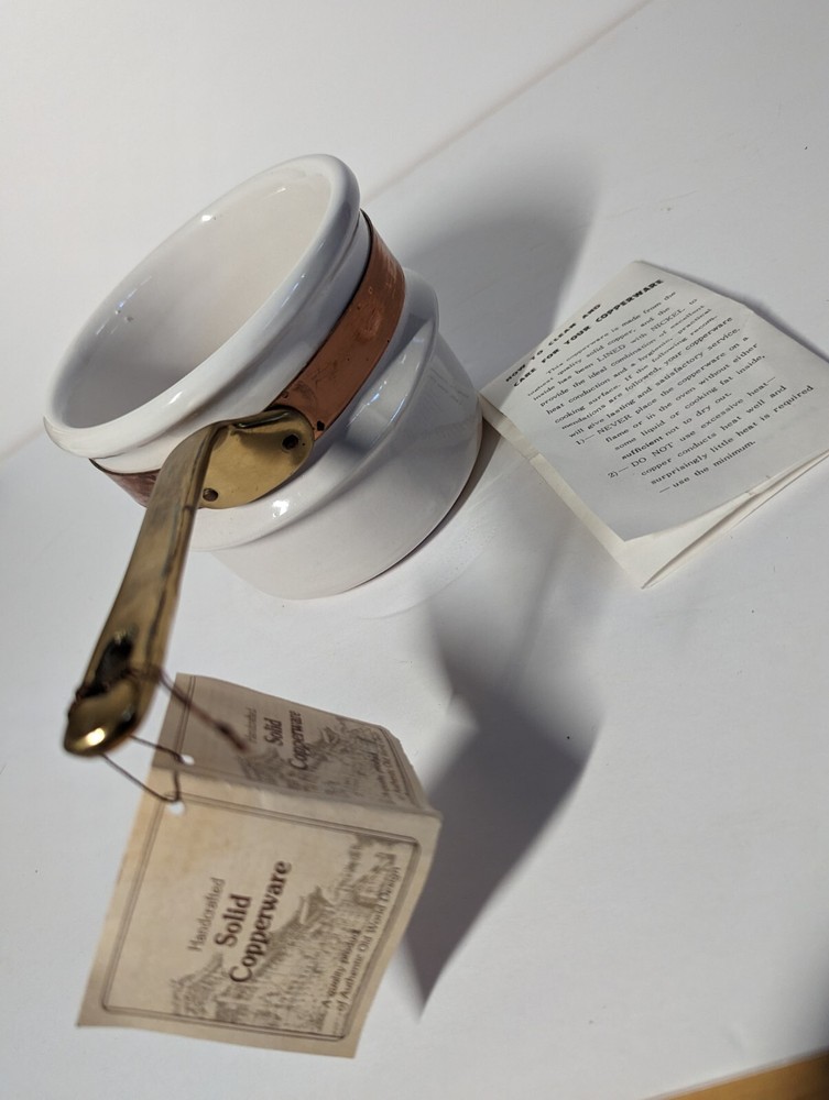 Vintage White Ceramic Pot With Copper Band And Brass Handle