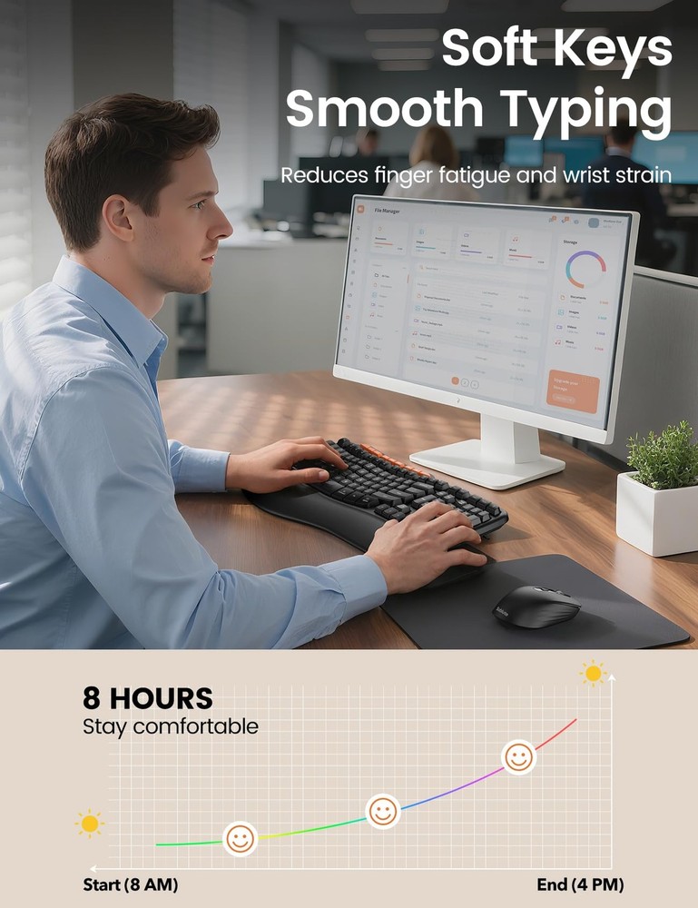 Ergonomic Wireless Keyboard Mouse Combo 2.4G Full Size Wave Palm Rest USB