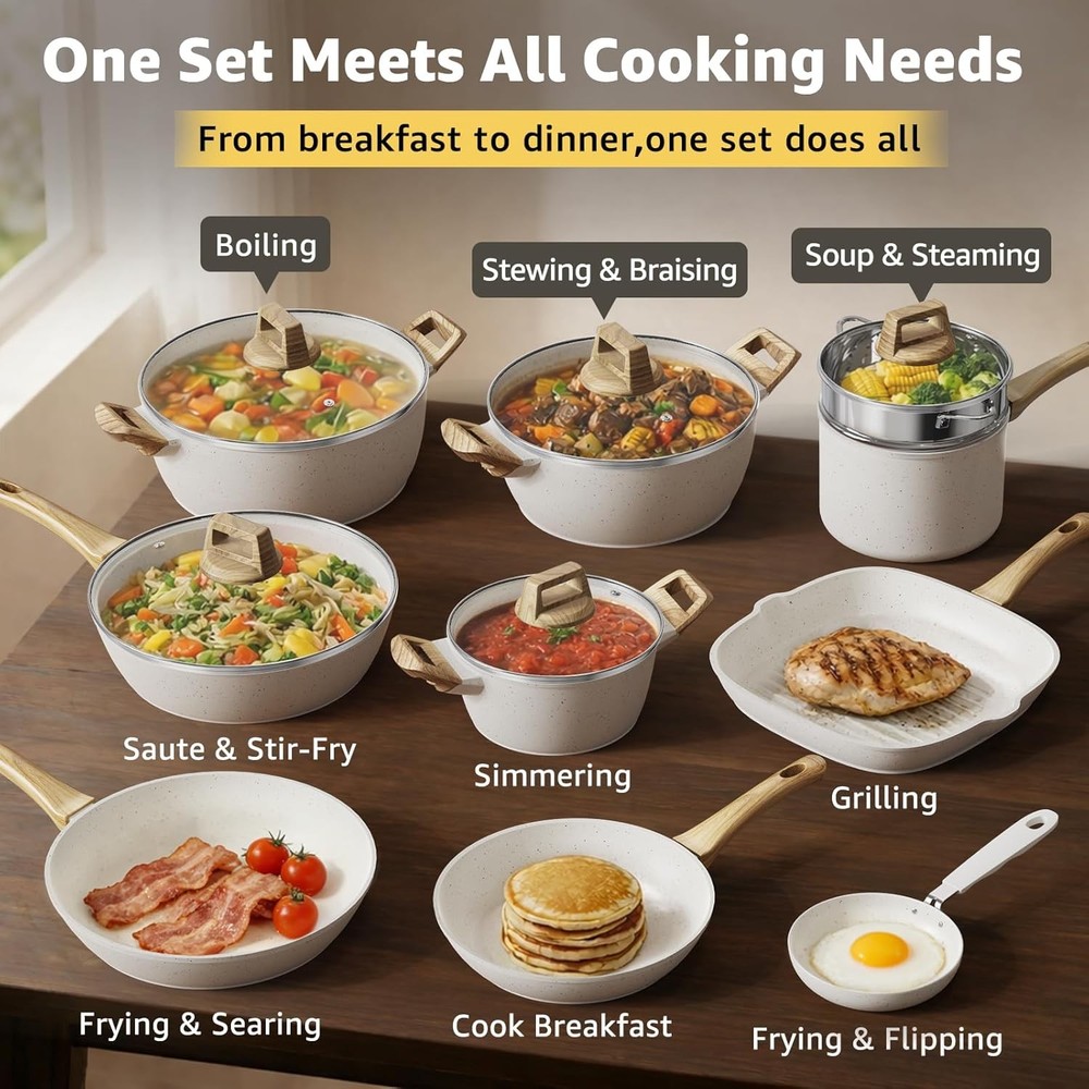 25Pcs Non Stick Ceramic Cookware Set Titanium PFAS Free