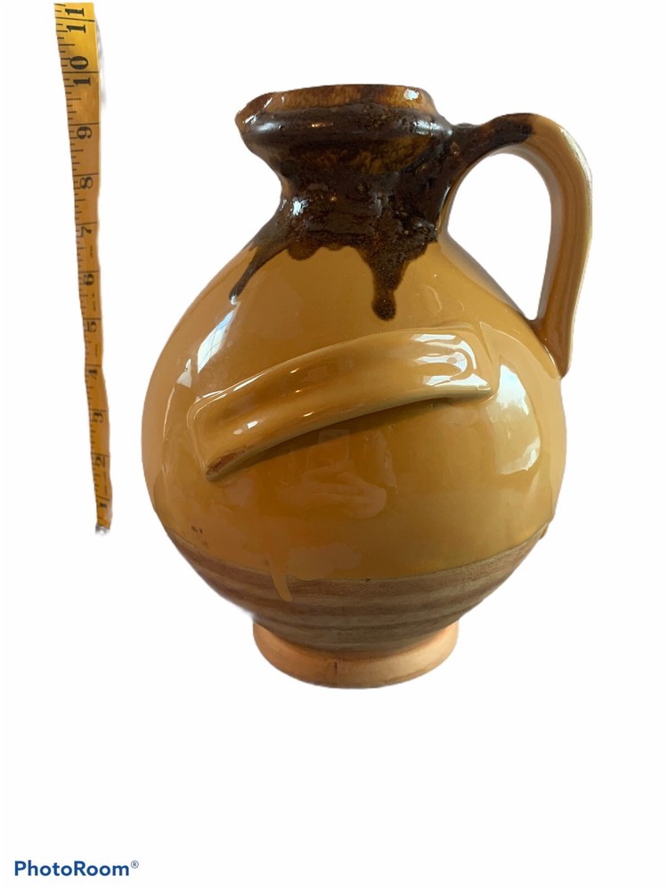 Ceramic Jug Pitcher Brown And Honey Colored Drip Three Handles ￼Old Fashioned