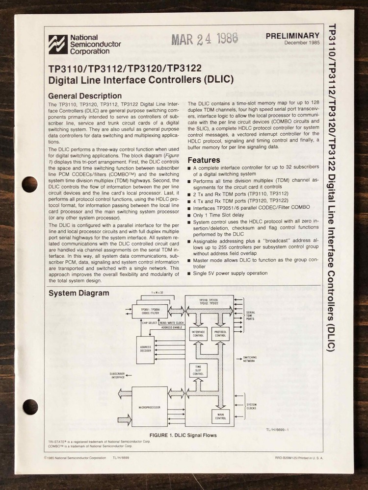 National Semiconductor - TP3110 Digital Line Interface Controller (DLIC) 1985