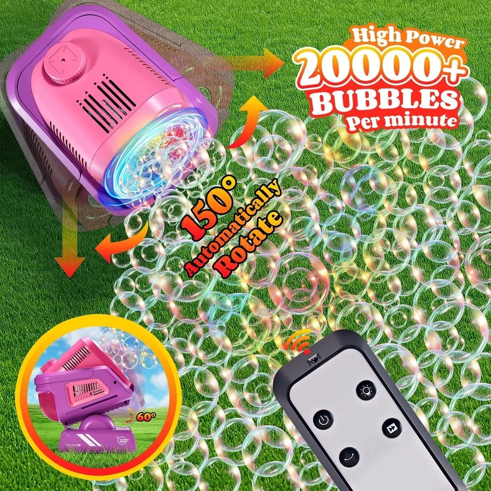 Bubble Machine with Remote Control, Automatic Rotation RGB Lights, 1800mAh