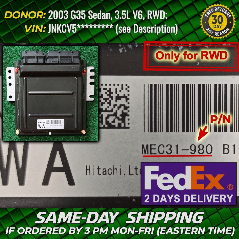 ECM ECU 03-04 Infiniti G35 Engine Control Module Computer Unit MEC31-980 B1 OEM