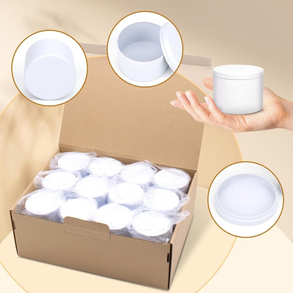 12Pack 4oz White Candle Tins with Lids Empty Metal Bulk Containers