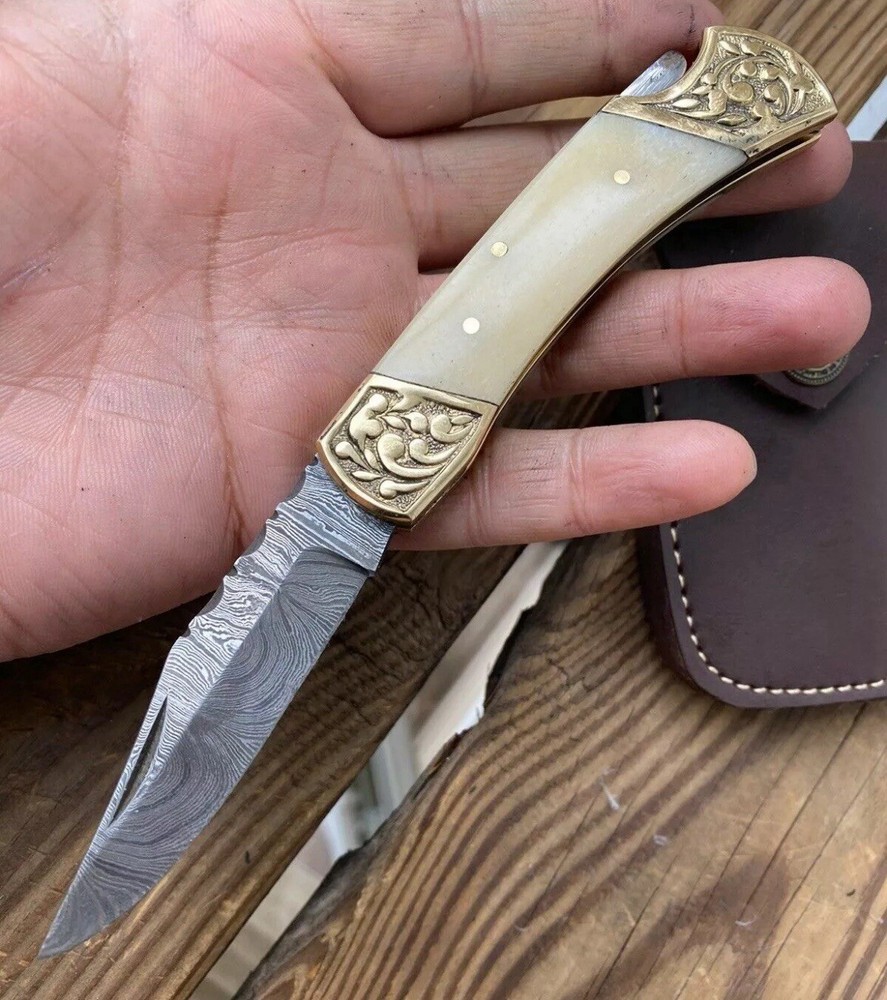 EDC Handmade Damascus Folding Blade Pocket Knife Back Lock Camel Bone Handle