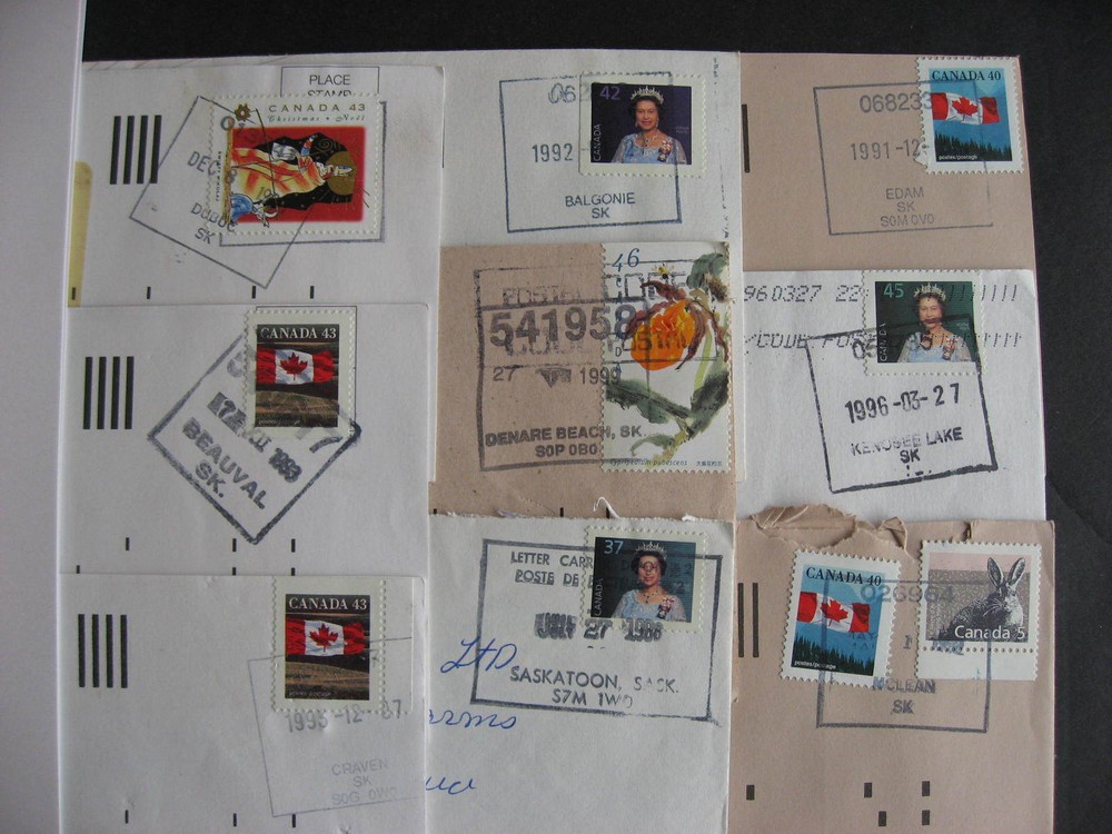 CANADA 9 Saskatchewan mostly POCON cancels on cover (possible duplicates)