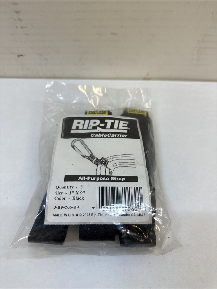 Rip-Tie J-B9-C05-Bk 9" L Wrap Hook-&-Loop Cable Tie Bk Pk 5