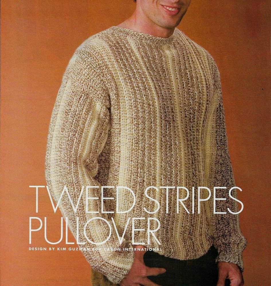 TWEED STRIPES PULLOVER SWEATER MEN'S 6 SIZES CROCHET PATTERN INSTRUCTIONS