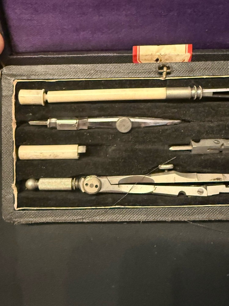 Antique Drafting Compass Set w/ Case Bone Handle Instruments c.1900