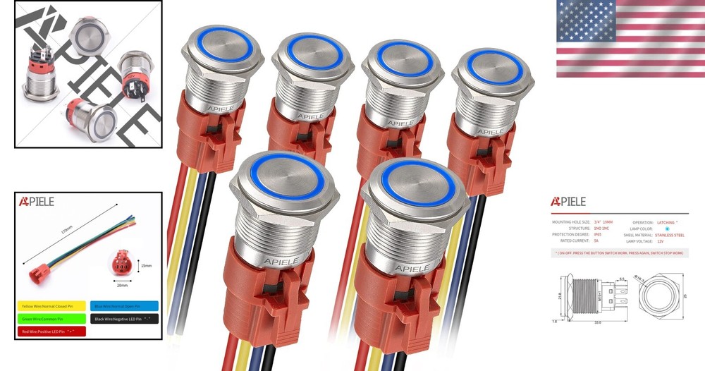 LED-Powered 19mm Latching Push Button Switch - SPDT, Waterproof, 6 Pack