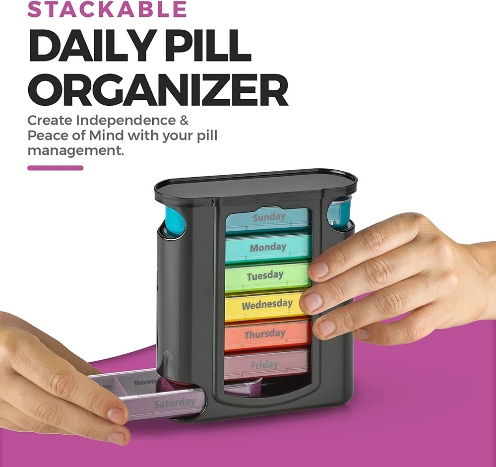 Weekly Pill Organizer, 1 Dispenser, 7 Stackable Compartments Four Times-A-Day -