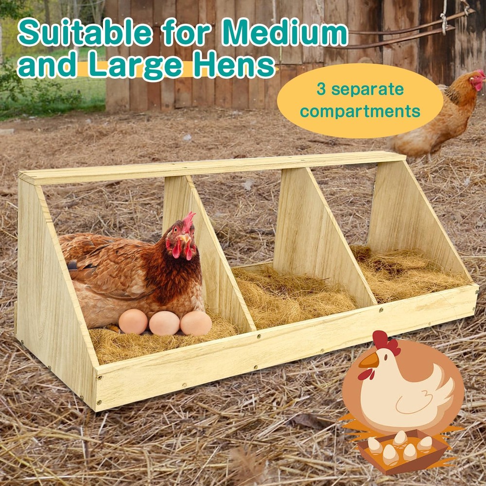 Chicken Nesting Boxes, 3 Compartment Wooden Chicken Laying Boxes, Nesting Box...