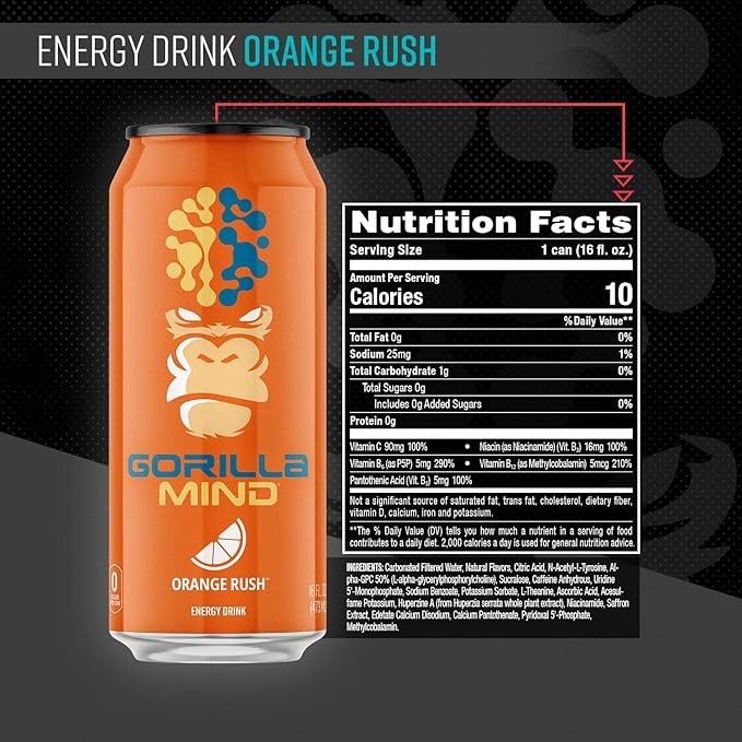 Gorilla Mind Energy Drink 16oz, 12-Pack(Orange Rush)