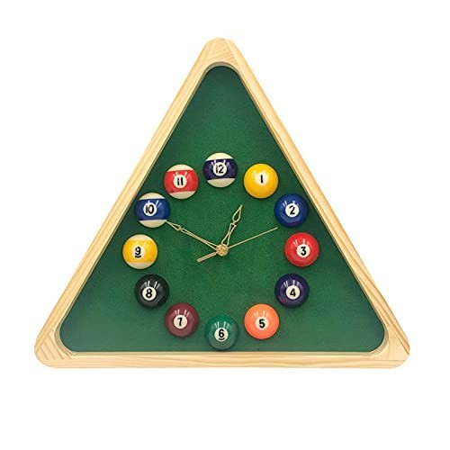 14-Inch Triangle Pool Table Wall Clock - Billiards Room Decor, Solid Wood Frame
