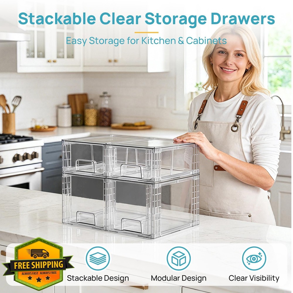Vtopmart 4 Pack Clear Stackable Storage Drawers Cabinet Pantry