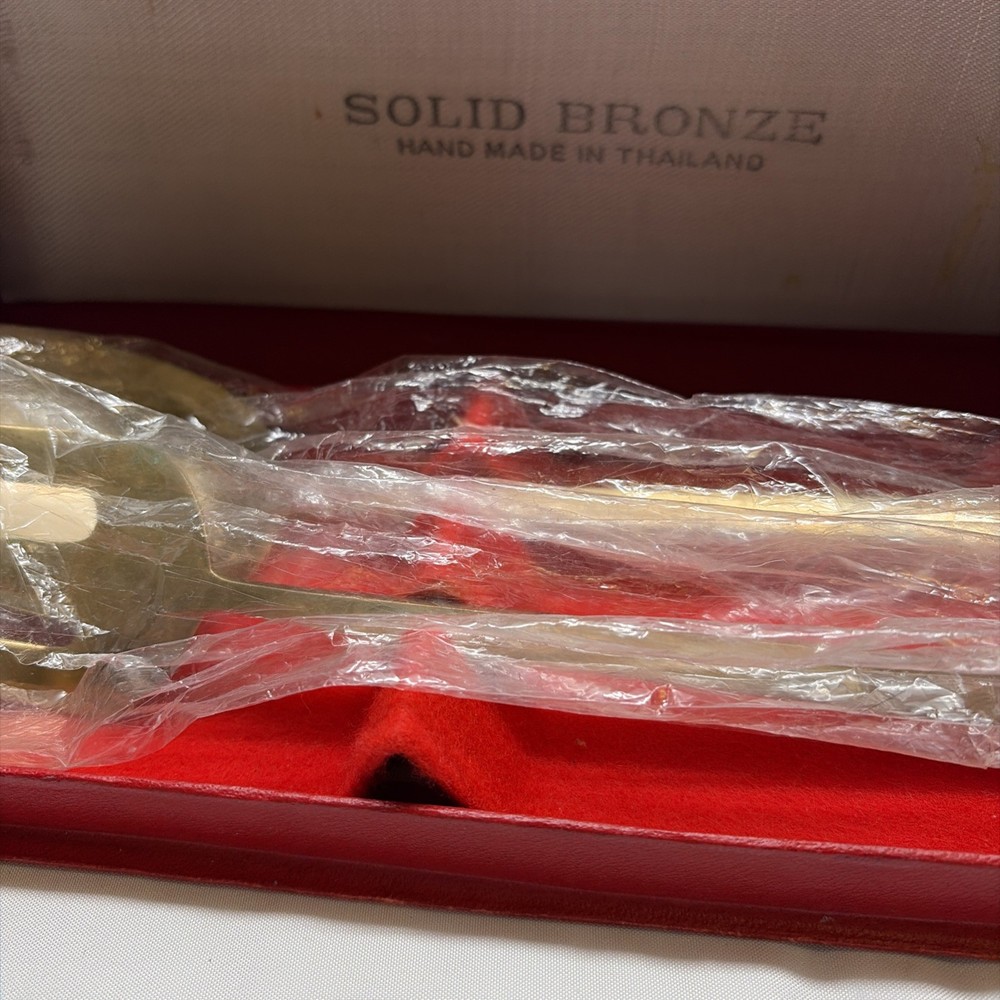 VTG Solid Bronze Servware -Fork & Spoon Hand made In Original Box (11)
