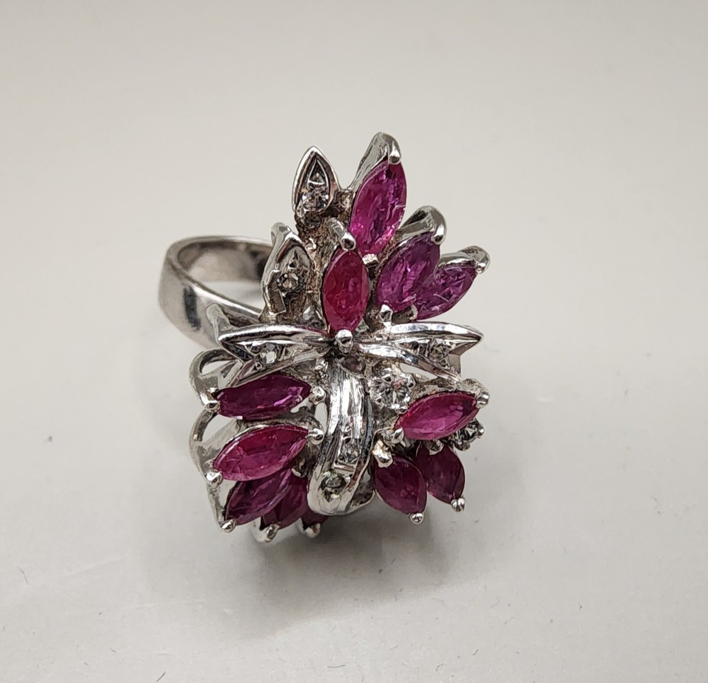 Vtg Sterling Silver 925 Simulated Ruby Spray Cocktail Ring - Multiple Sizes