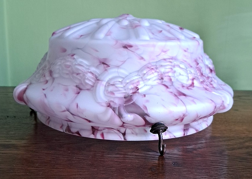 ANTIQUE FLY CATCHER CEILING LIGHT RASPBERRY PINK MARBLED GLASS SHADE & CHAINS