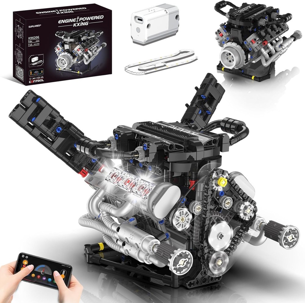 V8 Mini Engine Model Kit That Runs Building Sets with Motor. APP Control Technic