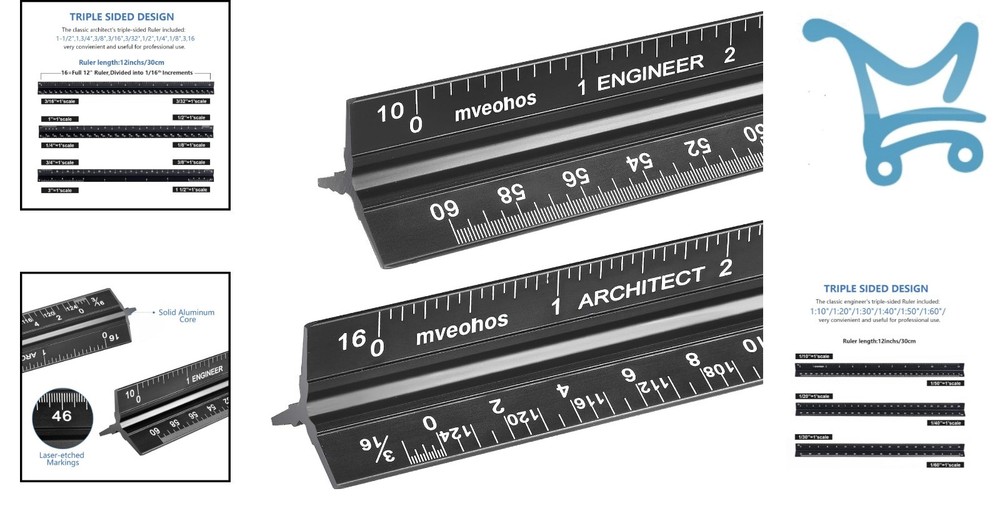 Architectural Engineering Scale Ruler Set Aluminum 12 Black Triangular Drafting