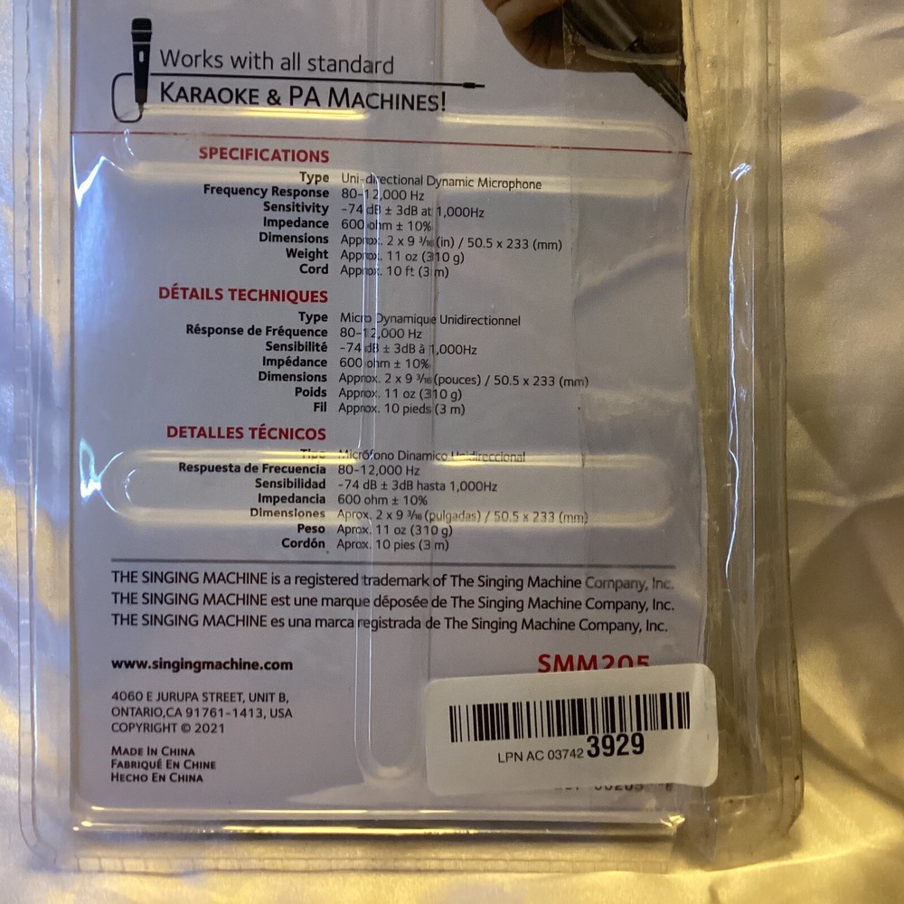Singing Machine SMM205 Unidirectional Dynamic Wired Microphone~ Adapter~ Karaoke