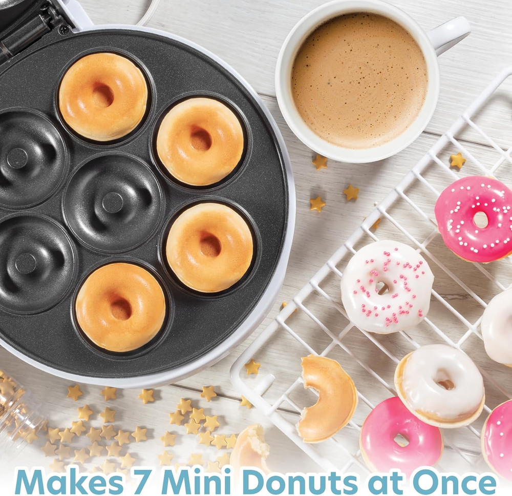 Mini Donut Maker- Electric Nonstick Surface Makes 7 Small Doughnuts- Decorate Fr