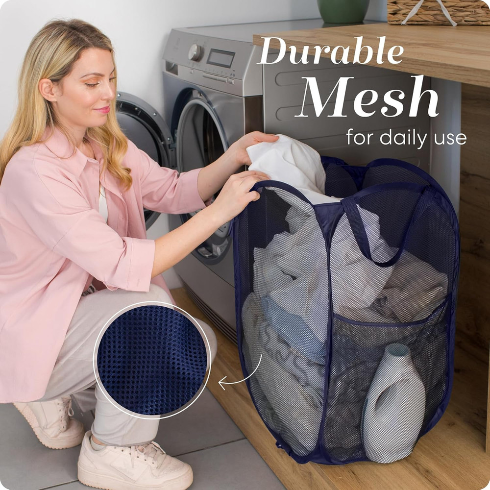 2 Pack Pop Up Laundry Hamper – Foldable Mesh Basket with Pocket, Blue, Portable