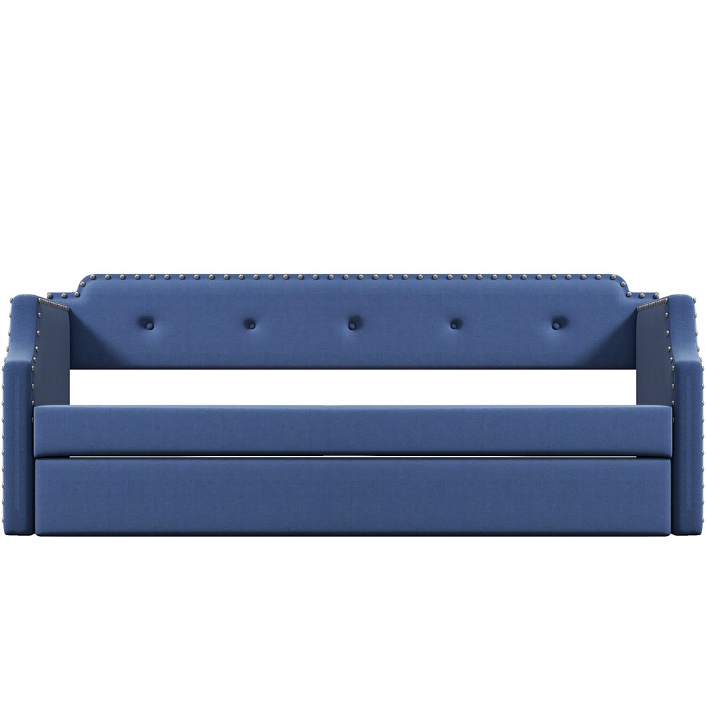 Twin Size Daybed with Pull-Out Trundle Bed Upholstered Bed Frame Sofa Bed Blue