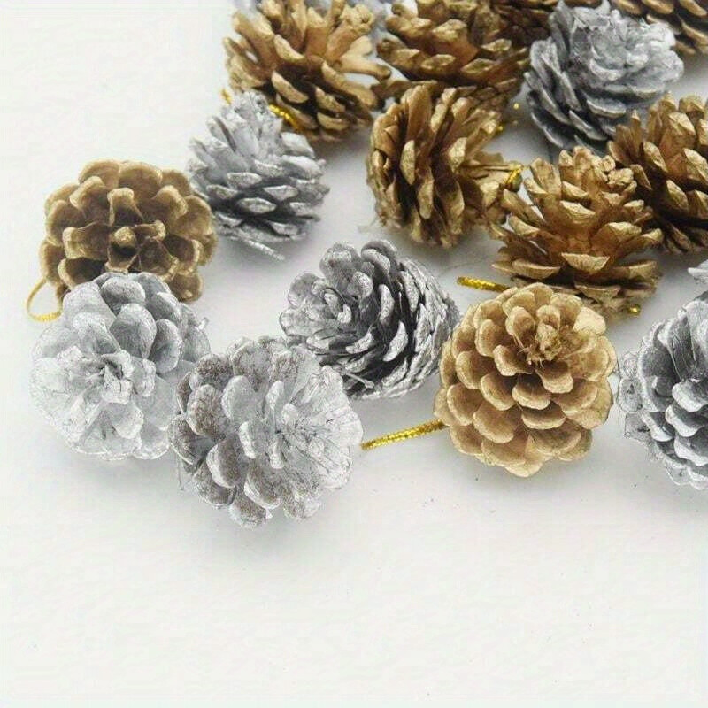 7pcs Holiday Time Mini Pinecone Ornaments Glitter Sparkle Silver Winter Decor