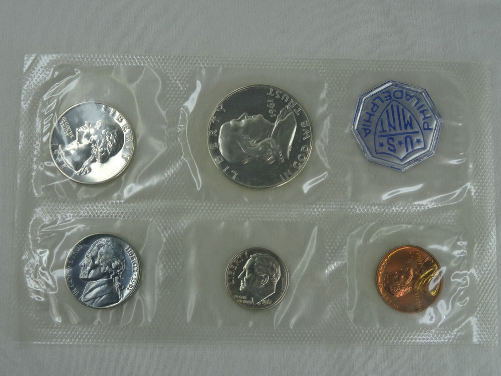 1961 US Mint Proof Set 5 Coins 90% Silver Original Envelope & Cello Flat Pack