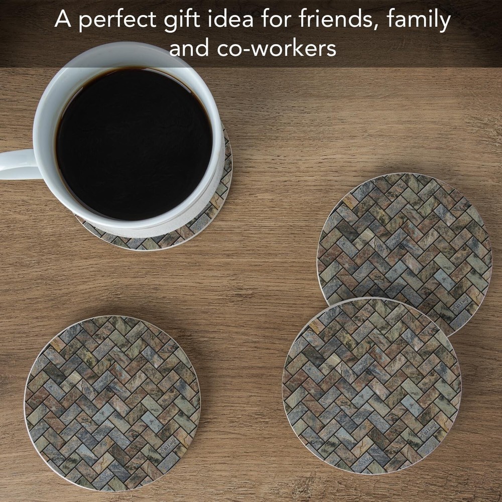 Stone Herringbone Pattern Natural Sandstone Coaster 4 Pack, Absorbent