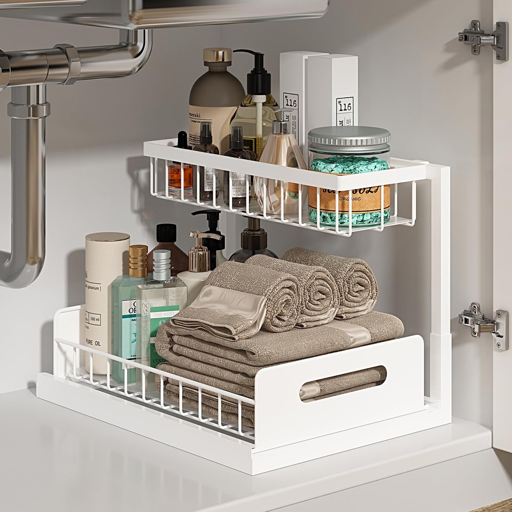 REALINN Under Sink Organizer, Pull Out Cabinet Organizer 2 Tier 1 Pack, White