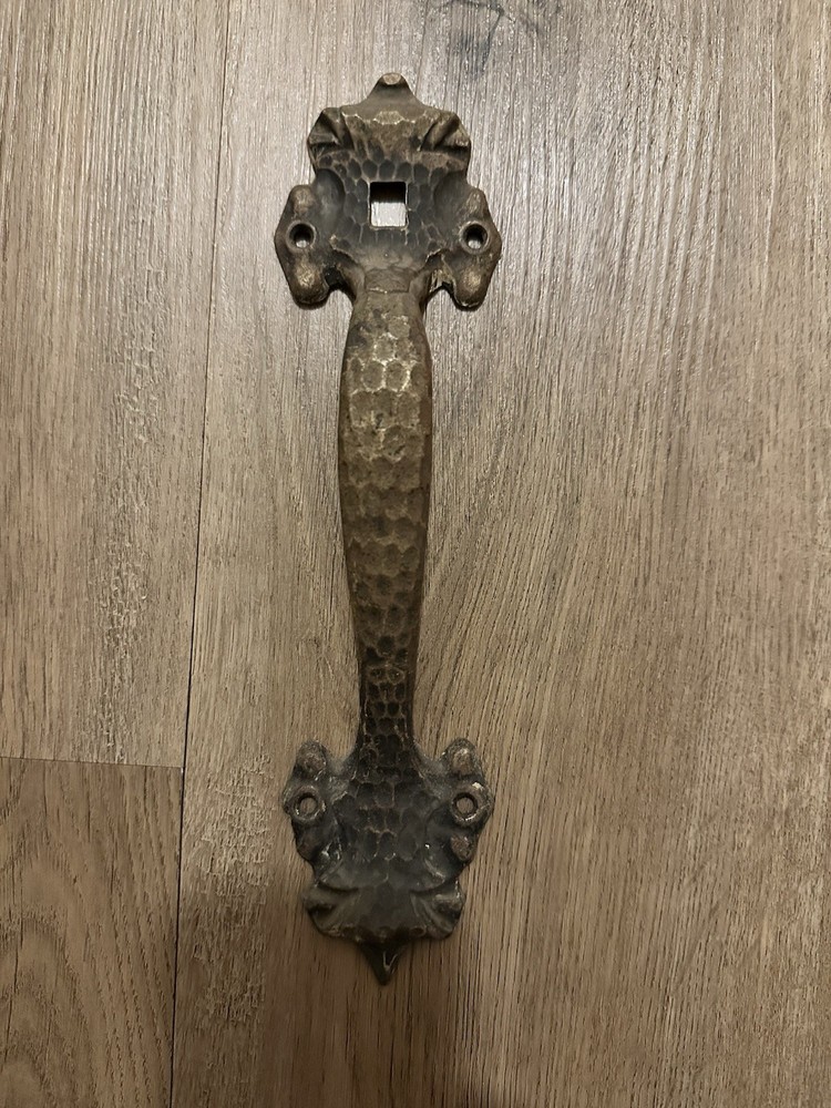 Cast Iron Salvage Ornate Rectangular Door Handle Hammered Texture Brown