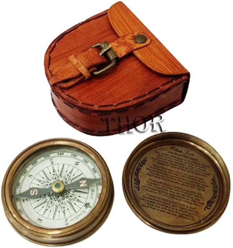 Vintage Brass Pocket Compass with Leather Case Rustic Navigation Gift Decor