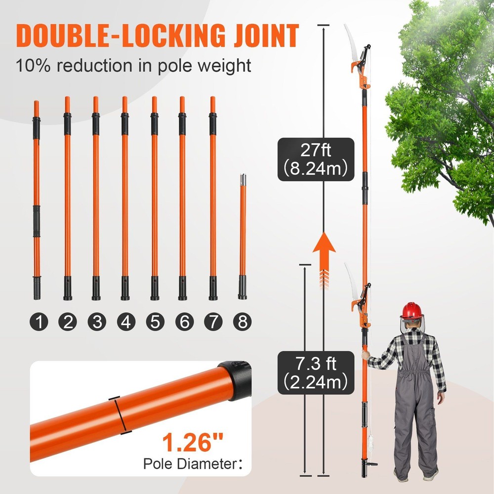 Extendable 7.3-27ft Manual Pole Saw, Sharp Cutting Blade Fiberglass Handle
